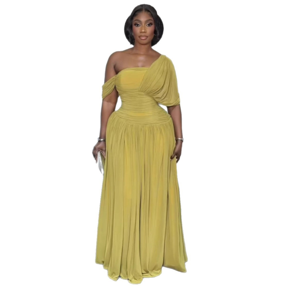 European and american cross-border african women's clothing  summer new arrival: elegant ruched solid color one-shoulder evening gown long dress