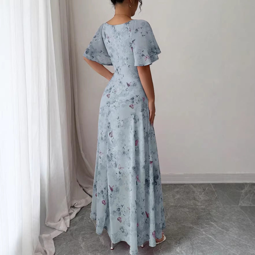 cross-border  hot-selling european and american style square neck puff sleeve floral dress