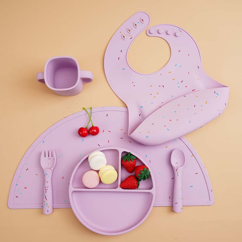 Children's food-grade silicone tableware set, baby separation plate, saliva pocket, complementary food bowl, six-piece tableware set
