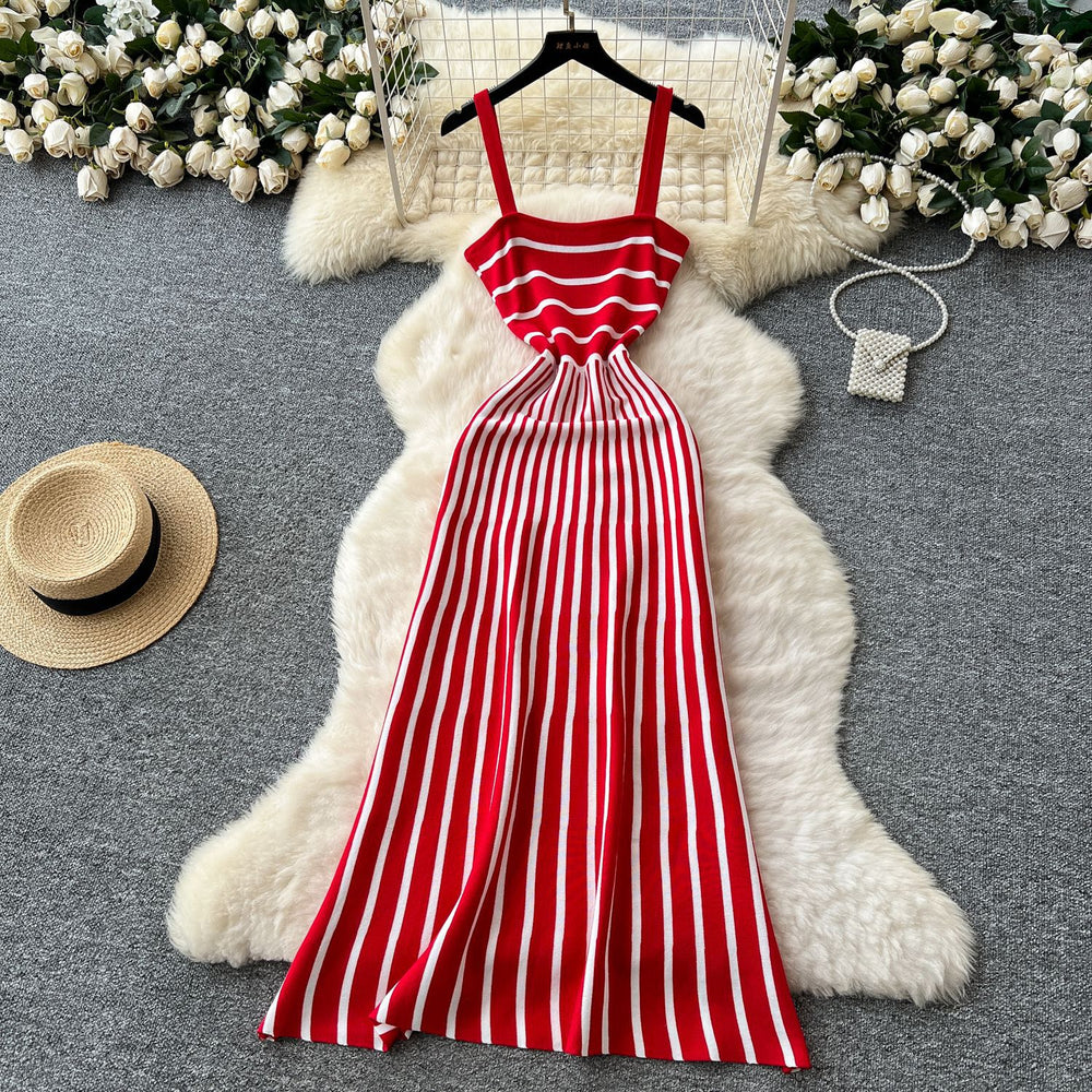 Feminine and chic:  summer fashion color-block knit midi dress - figure-flattering, slim-fit camisole dress