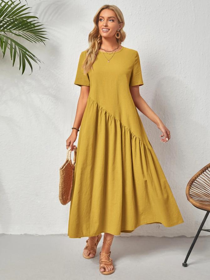 Amazon   new arrivals: european and american style solid color crew neck short sleeve loose pleated dress - ready to ship