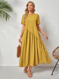 Amazon   new arrivals: european and american style solid color crew neck short sleeve loose pleated dress - ready to ship