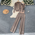 Fashion retro jacquard suit women's small fragrant style sleeveless knitting waistcoat sweatercardiganoutwear wide leg pants