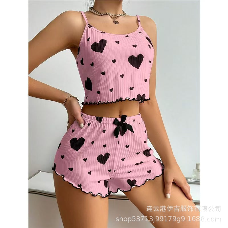 New european and american ribbed knit heart print cami and shorts set - sweet, casual, and perfect for loungewear or light outings