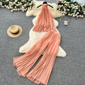 Pure desire vacation suit women's atmosphere halter strap asymmetrical pleated tops high waistloosecasual pants suit