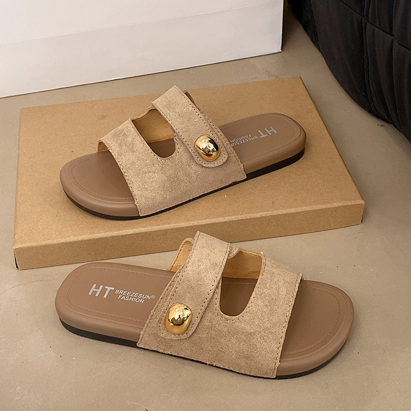 Women's summer slides 2025 new flat retro casual versatile one-strap sandals fashionable trendy niche design