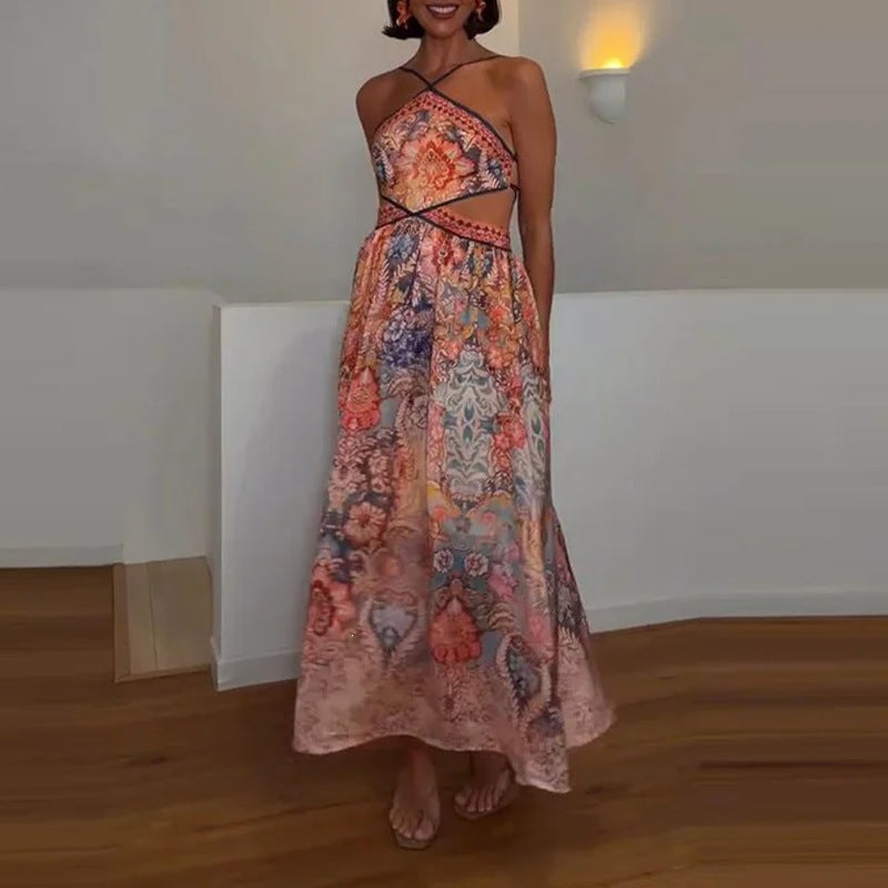 women's summer new arrivals:  cross-border fashion - elegant casual halter neck printed backless cropped maxi dress