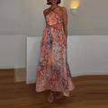 women's summer new arrivals:  cross-border fashion - elegant casual halter neck printed backless cropped maxi dress
