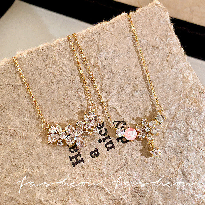 Early spring zircon flower titanium steel necklace for women accessible luxuryniche styleins pink flower clavicle chain forest style fashion necklace
