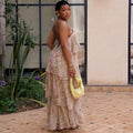 European and american cross-border women's fashion:  summer new arrival - elegant v-neck printed backless ruffle hem long halter dress