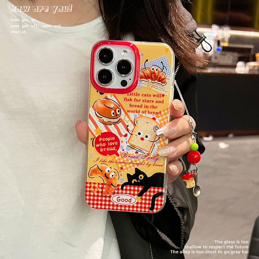 Bread and black cat compatible apple 17 air stand protective case creative toast iphone 16 pro phone case 15