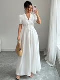 new french-style elegant fitted v-neck white maxi dress
