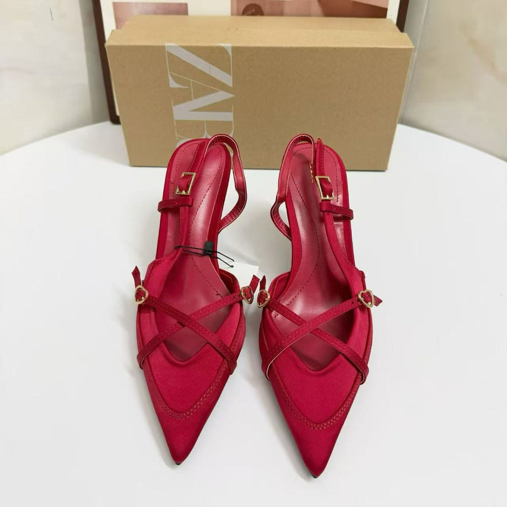 Za manufacturer 2026 spring export criss-cross buckle strap pointed-toe high heel sandals, british style mule women's shoes