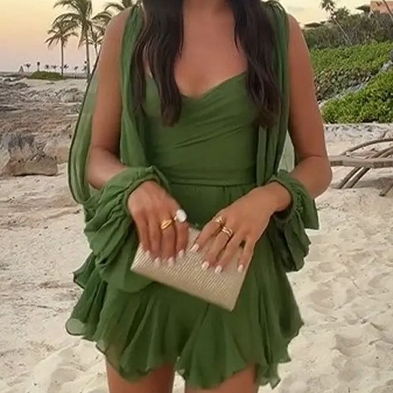cross-border e-commerce european and american women's clothing: new summer casual solid color cinched waist lantern sleeve ruffle hem dress