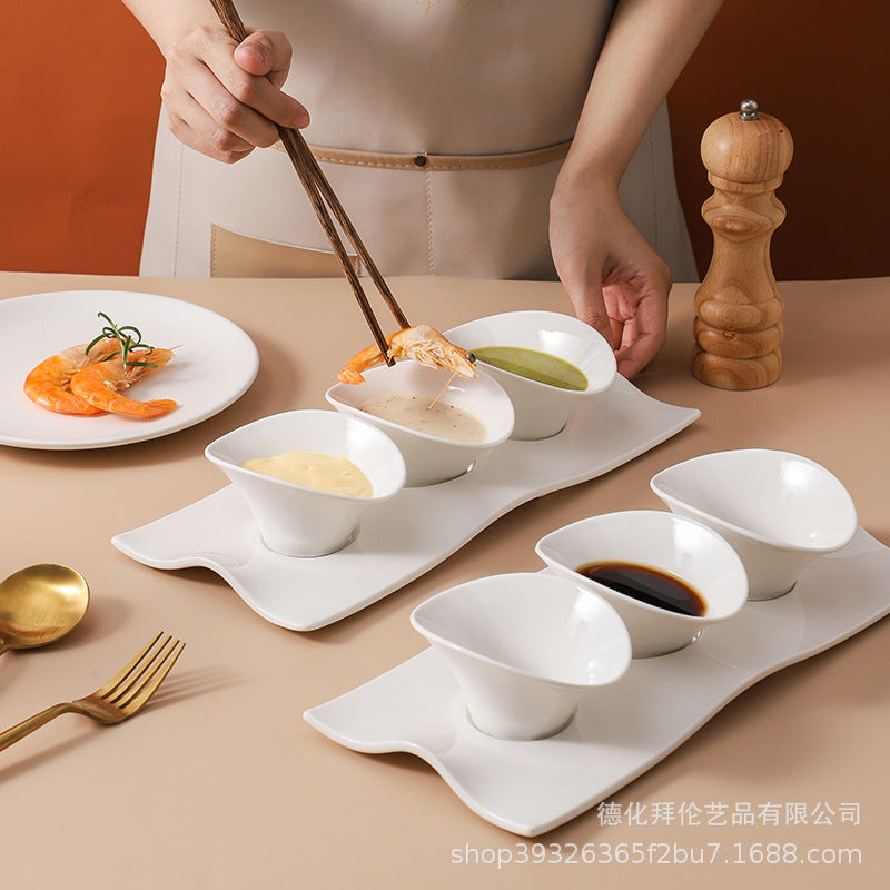 Creative irregular white ceramic sauce dish with tray, sauce bowl, hotel tableware, restaurant-grade cold dish bowl