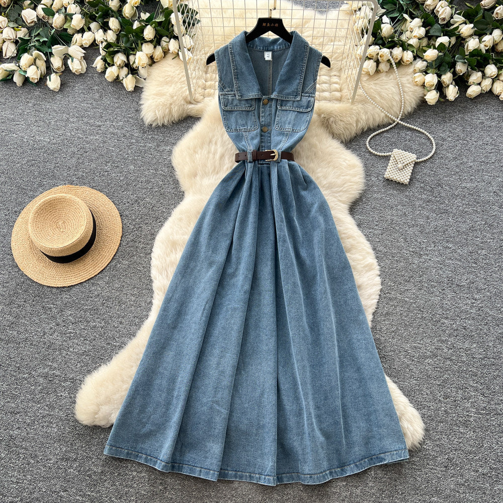 Korean style premium turn-down collar sleeveless denim dress - women's  summer collection - slimming, figure-flattering, versatile maxi dress