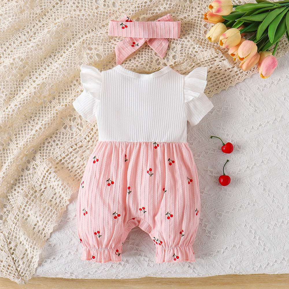 summer baby girl fly sleeve romper jumpsuit with cherry print and bow detail + headband outfit set