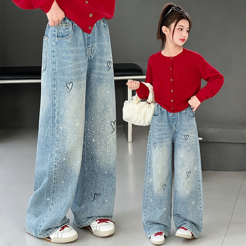 Girl hot diamond heartjeansstraight-legspring & fall style new arrivalfashionable spring clothing for middle-aged and large children loose pants