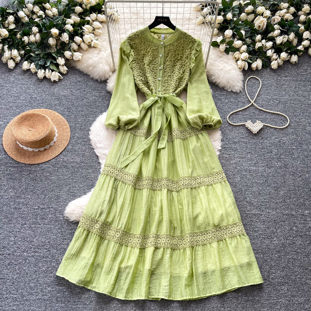 Frenchretro style lacepatchworkdress women's spring long k-style sleeve waist a-line skirt elegant over-the-knee long skirt