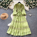 Frenchretro style lacepatchworkdress women's spring long k-style sleeve waist a-line skirt elegant over-the-knee long skirt