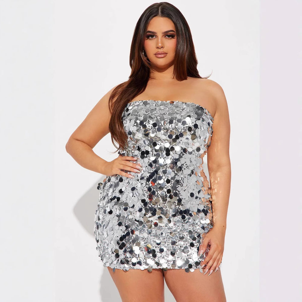 European and american cross-border women's fashion:  autumn hot-selling solid color sleeveless bandeau off-shoulder sexy sequin bodycon dress