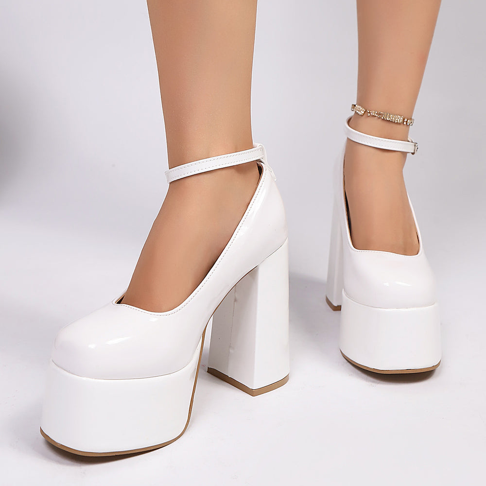 2026fashionwaterproof thick heel flats round toe patent leather high heels plus size catwalk flats high heels