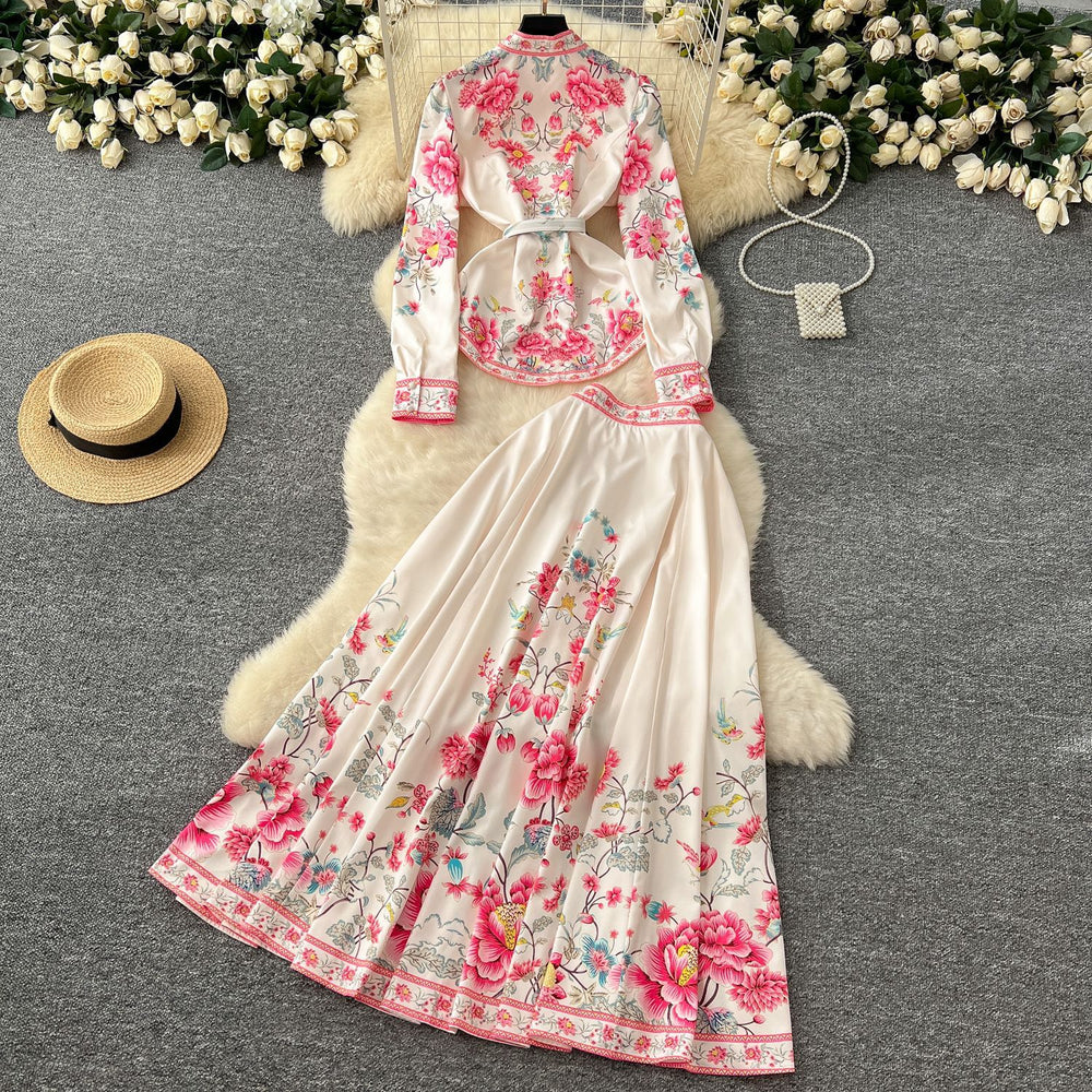 Palace style suit skirt for women new arrivalfrench waist puff sleeve printingtopshigh waist large hem long skirt