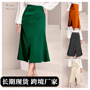 cross-border women's high-waisted satin pleated slit maxi skirt - european & american solid color midi skirt with zipper and fishtail bodycon design