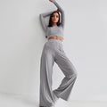 European and american cross-border women's fashion:  autumn new collection - stylish and elegant ribbed long-sleeve cropped top and wide-leg pants two-piece set