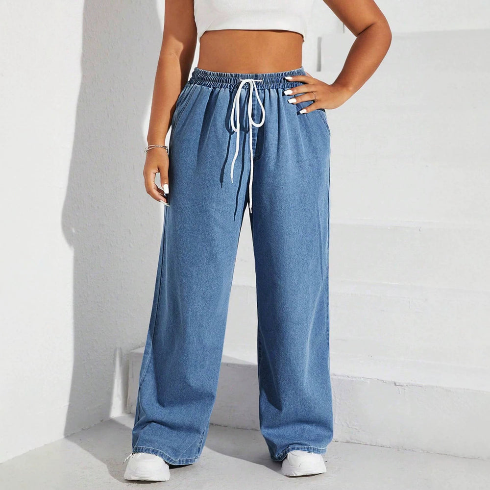 Amazon tiktok pinduoduo foreign trade cross-border fashion plus size drawstring elastic waist wide leg jeans