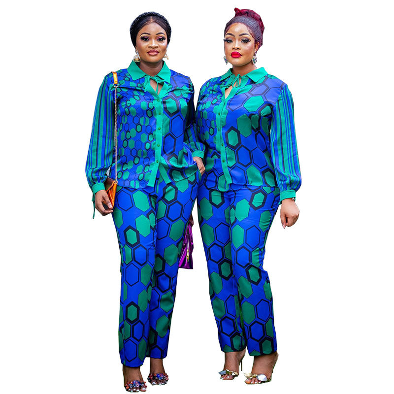new african cross-border fashion: printed long-sleeve shirt and elastic waist pants casual set - basic women's apparel