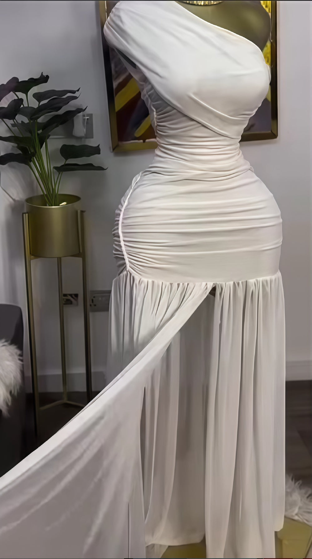 European and american cross-border women's fashion:  spring new arrival - solid color sleeveless asymmetrical neck ruched bodycon slit maxi dress