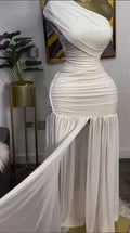 European and american cross-border women's fashion:  spring new arrival - solid color sleeveless asymmetrical neck ruched bodycon slit maxi dress