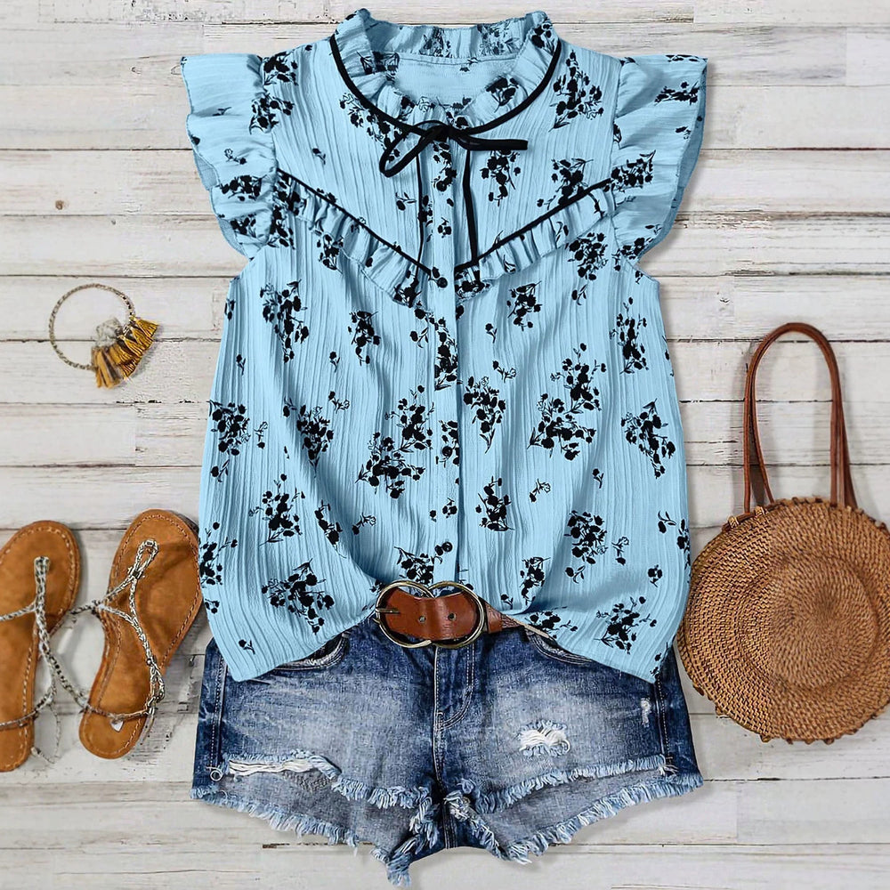 fashionsummerplus size women's blue bottom floral tie back shirt fungus edge flying sleeves loosetops