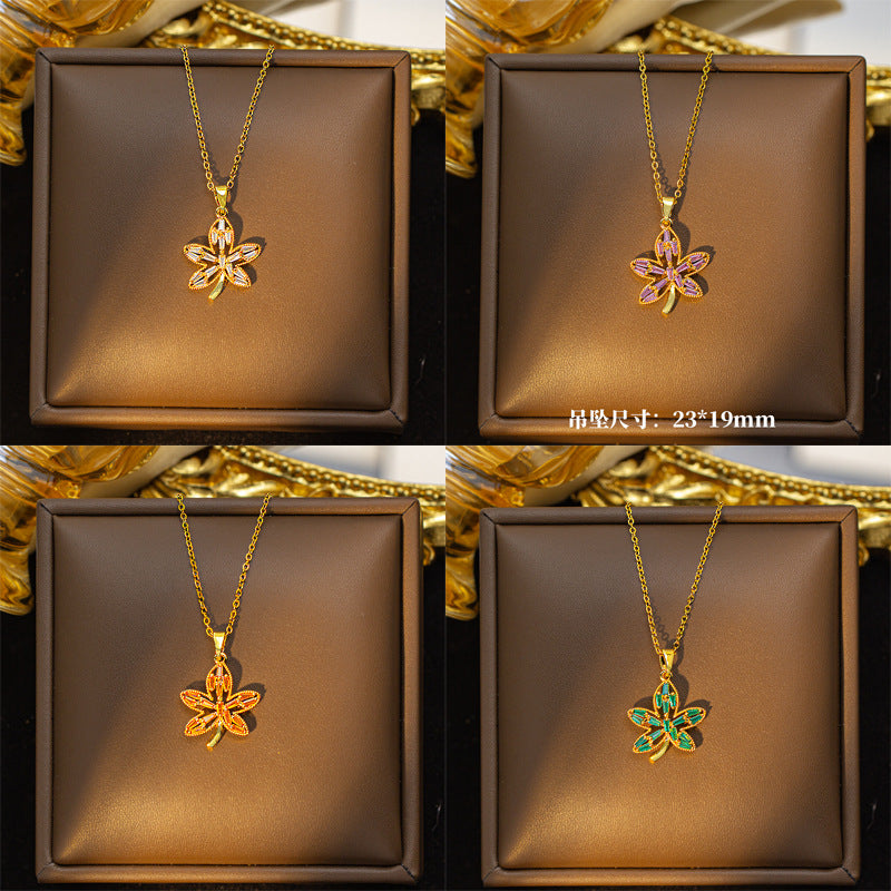 [titanium steel] copper plated real gold pendant micro-embedded classy sense maple leaf necklace women's niche design sweater chain jewelry