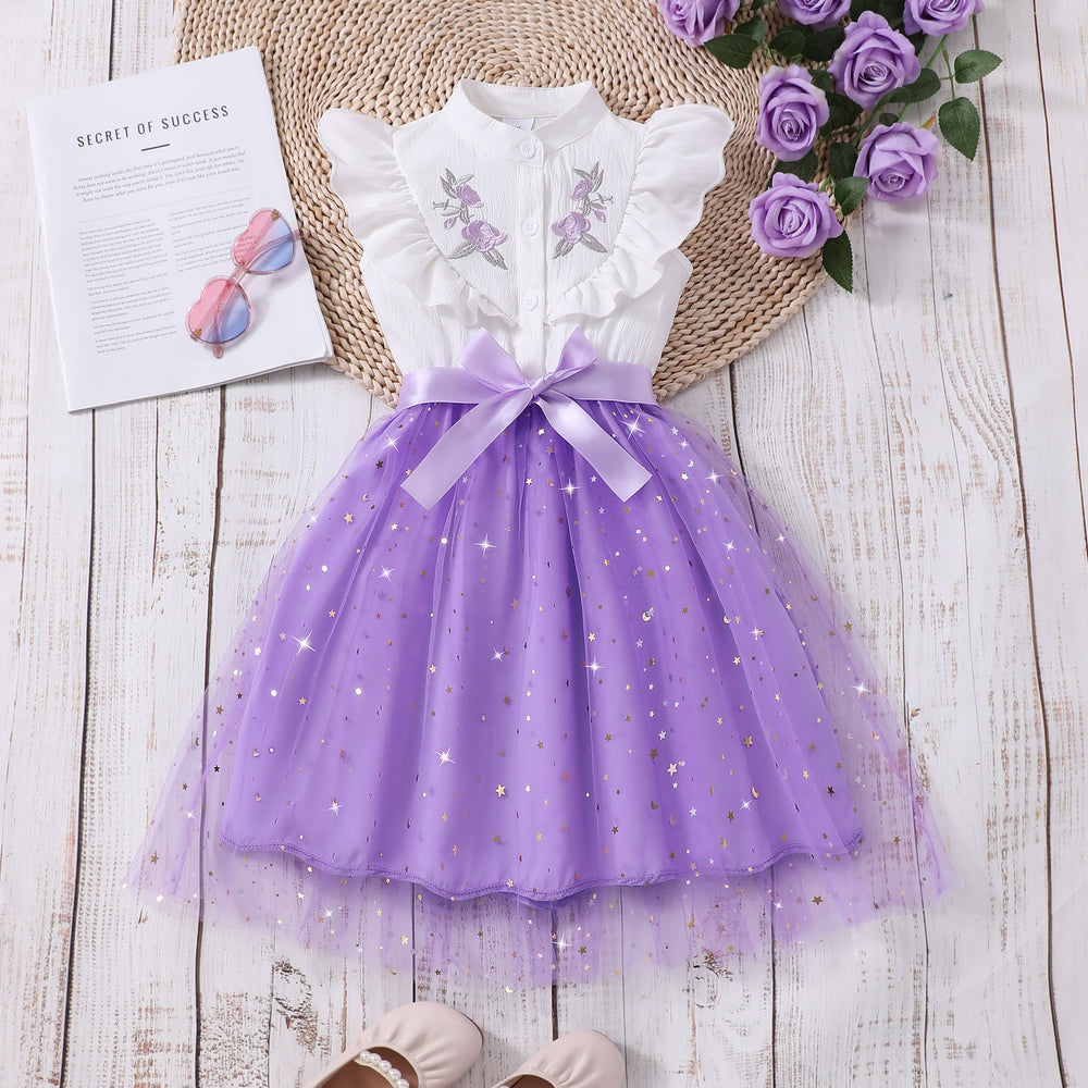 Girls' sleeveless embroidered mesh dress with turn-down collar and woven belt