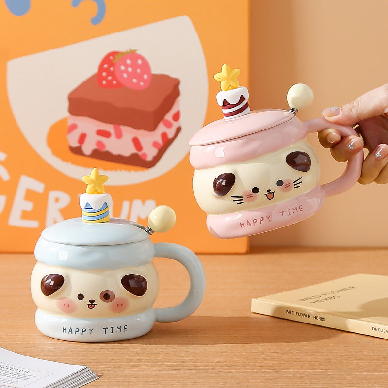 New cartoon cute pet high-value ceramic mug with lid, color glaze craftsmanship, for home and office use - wholesale