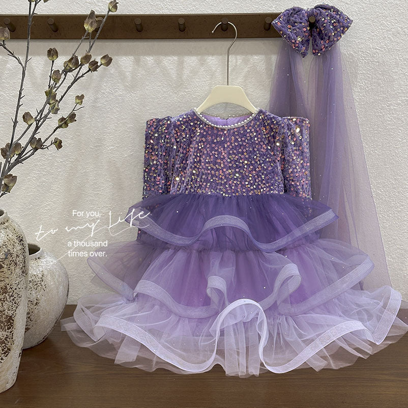 Girls' dress - new autumn  collection: stylish and sophisticated purple performance gown for baby girls, princess dress for children