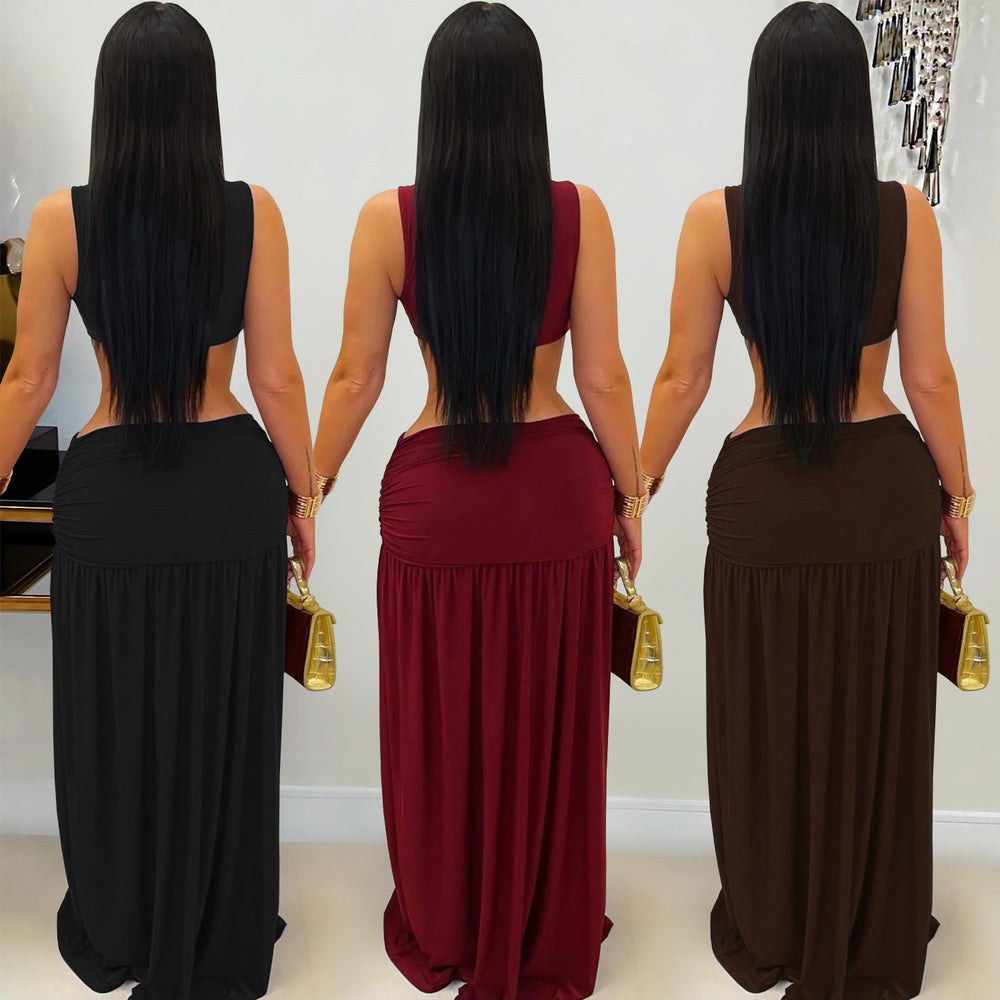 C7597 cross-border   fashion women's sexy solid color sleeveless cropped slit dress