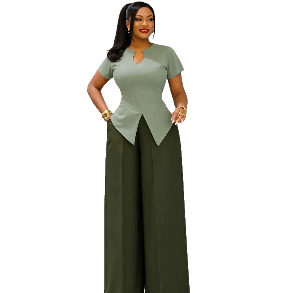 European and american cross-border women's fashion  summer new arrival: elegant commute slim-fit short sleeve top and wide-leg trousers casual set