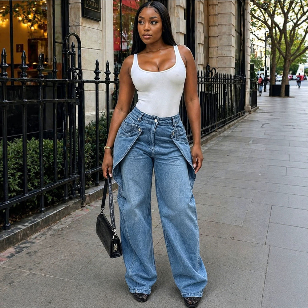 European and american style women's casual jeans - new  cross-border women's clothing - street fashion asymmetrical button design straight leg