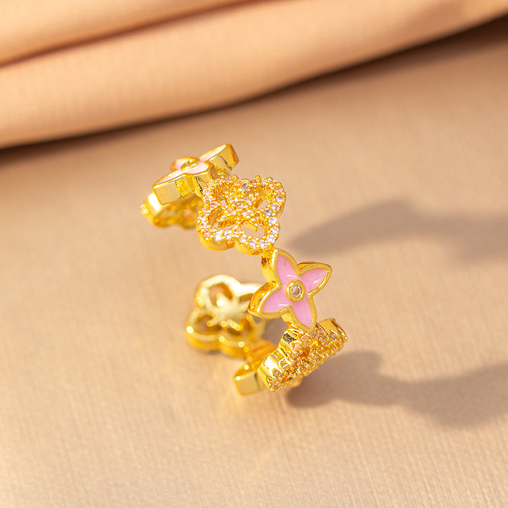 Copper micro-embedded diamond four-leaf clover hot-selling open ring female niche styleinsfashionelegantaccessible luxury ring jewelry