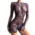 European and american cross-border  summer new mesh jumpsuit sexy hot girl print backless tight high-waisted bodysuit