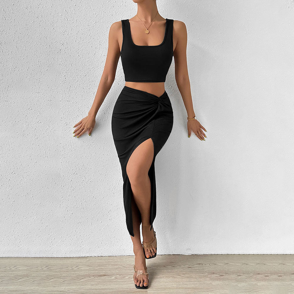 spring/summer  women's fashion: elegant sleeveless vest and midi skirt two-piece set - new spring collection