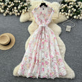 French chic luxury hollow-out crochet lace dress - women's summer slimming maxi dress with cinched waist and single-breasted button detail