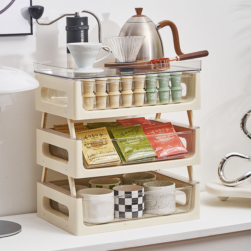 Drawer type desktop storage Plastic multi-layer transparent shelf Tea room Dust-proof cup Tea bag Coffee storage box