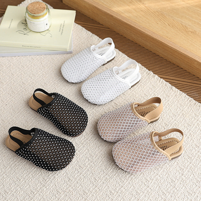 Mesh rhinestone toe-cap half slippers for women summeroutwearnew arrival one-leg cut out fishnet fairy lazy slippers