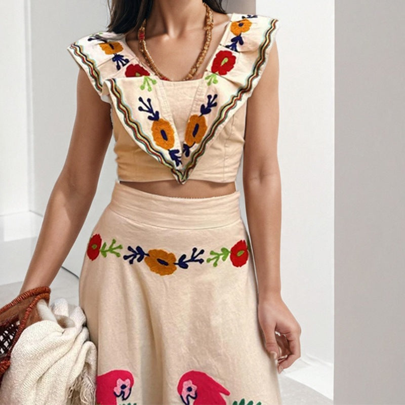 cross-border e-commerce european and american women's clothing: new summer collection - printed ruffle-trimmed top and midi skirt two-piece set