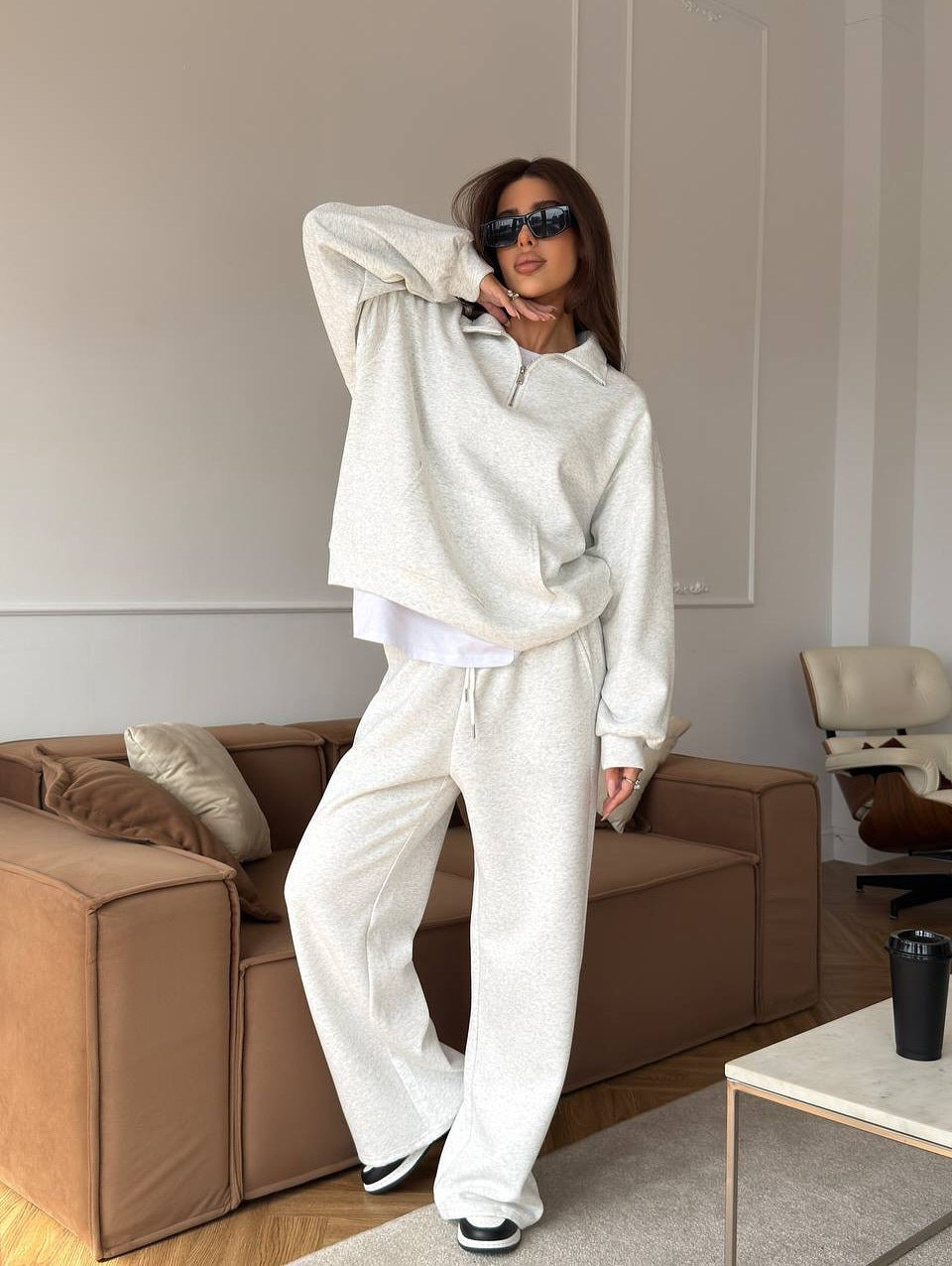 European and American  leisure women's cotton-containing set zipper lapel pullover sweater strap straight wide-leg pants two-piece set
