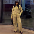 European and american cross-border women's fashion:  autumn new collection - stylish yellow striped long-sleeve shirt and wide-leg pants casual set